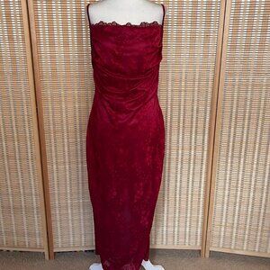 Red lace floral cowl neck midi dress with low back and adjustable straps